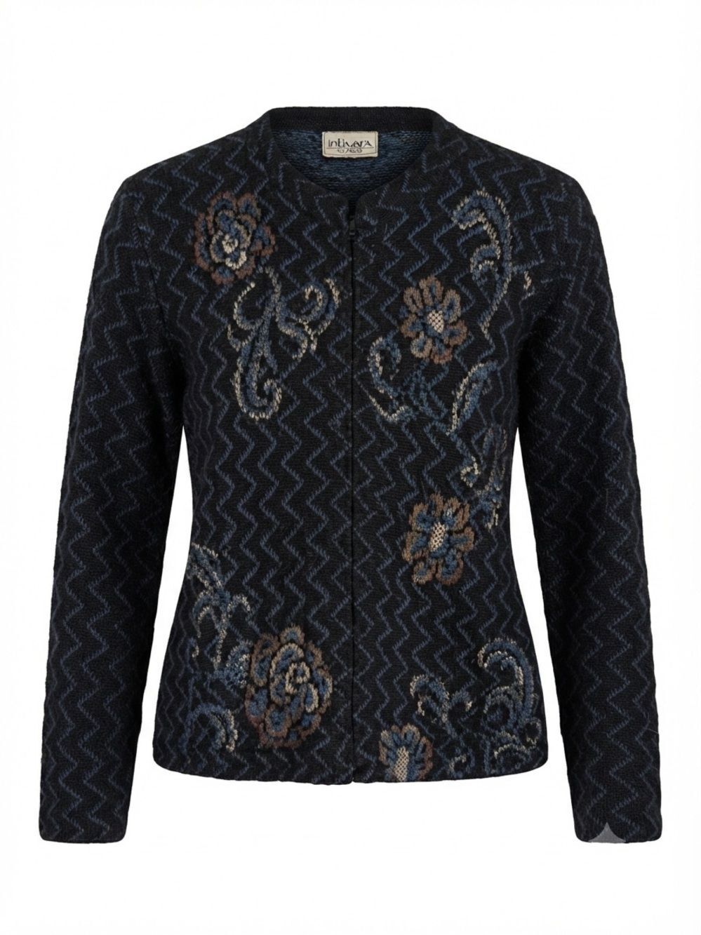 Intiwara Alpaca Black Blue Floral Zigzag Knit Full Zip Sweater Jacket Size L